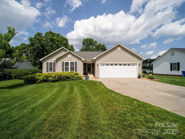 single story home featuring an attached garage, concrete driveway, and a front lawn