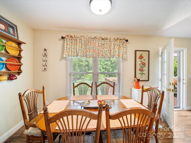 dining space featuring wood finished floors and baseboards