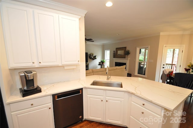 8612 Tintinhull Ln, Waxhaw, NC 28173 - kitchen featuring dishwasher, a sink, a fireplace, a peninsula, and ornamental molding