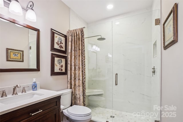 8612 Tintinhull Ln, Waxhaw, NC 28173 - bathroom featuring toilet, a marble finish shower, and vanity