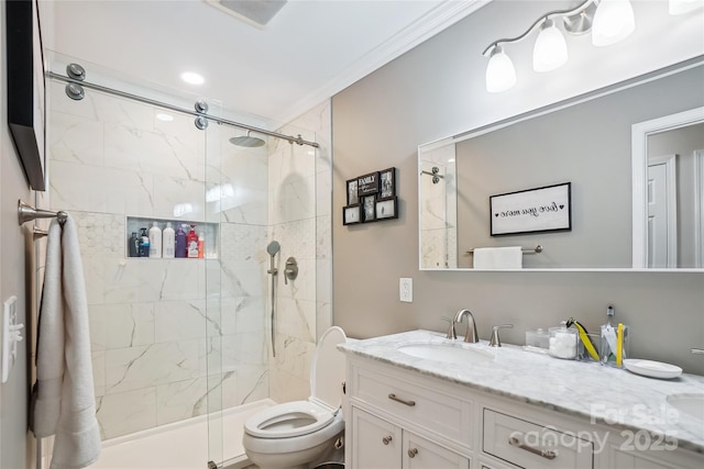 8612 Tintinhull Ln, Waxhaw, NC 28173 - bathroom with a stall shower, vanity, toilet, and crown molding