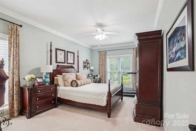 8612 Tintinhull Ln, Waxhaw, NC 28173 - bedroom with ornamental molding, light carpet, and ceiling fan