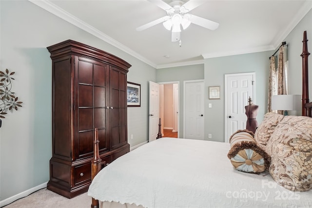 8612 Tintinhull Ln, Waxhaw, NC 28173 - bedroom with crown molding, light carpet, baseboards, and a ceiling fan