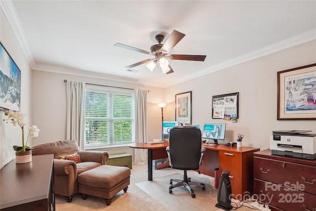 8612 Tintinhull Ln, Waxhaw, NC 28173 - home office featuring crown molding, ceiling fan, and light colored carpet