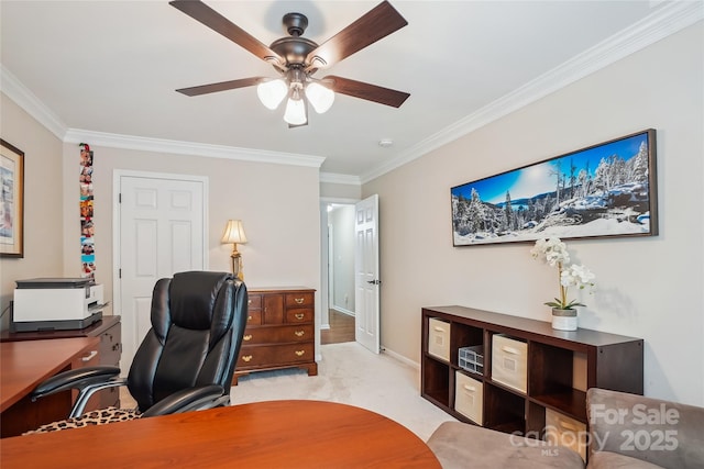 8612 Tintinhull Ln, Waxhaw, NC 28173 - home office featuring ornamental molding, a ceiling fan, light carpet, and baseboards