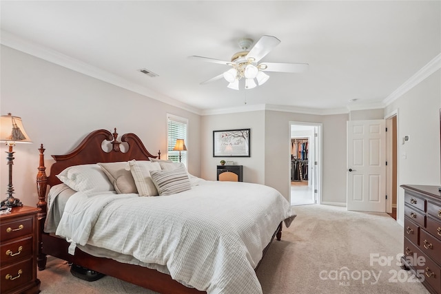 8612 Tintinhull Ln, Waxhaw, NC 28173 - bedroom with ornamental molding, light colored carpet, a ceiling fan, and baseboards