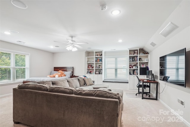 8612 Tintinhull Ln, Waxhaw, NC 28173 - living room featuring carpet floors, ceiling fan, baseboards, recessed lighting, and a desk