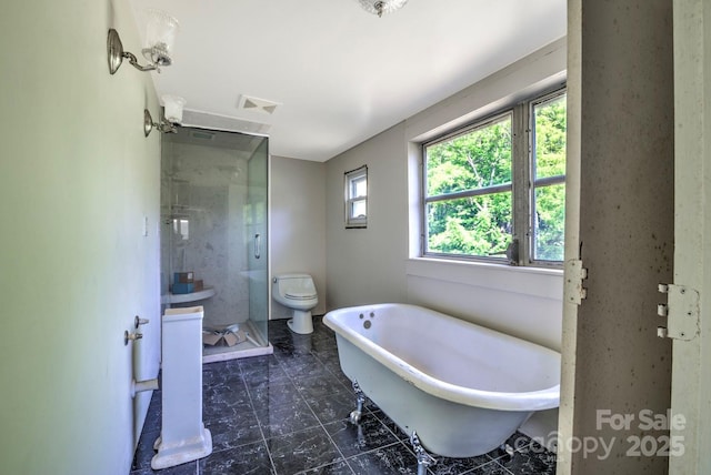 5604 NC-152 Hwy E, Rockwell, NC 28138 - bathroom featuring a shower stall, toilet, and a freestanding tub