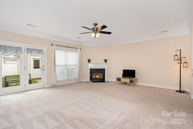 2324 Bonterra Blvd, Indian Trail, NC 28079 - unfurnished living room featuring ornamental molding, a fireplace with flush hearth, a ceiling fan, carpet floors, and baseboards