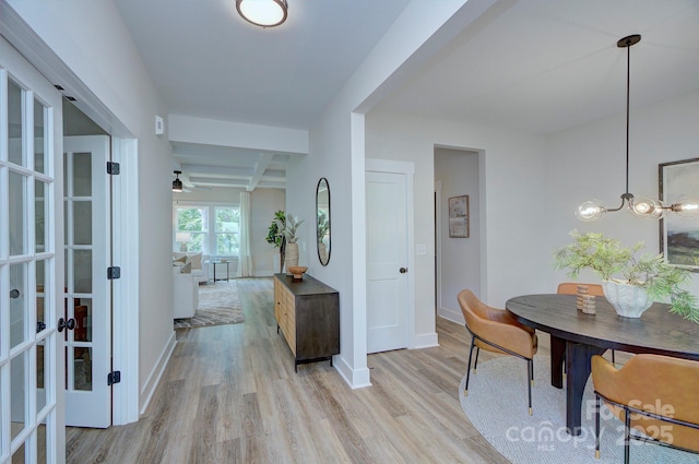 1025 Harrogate Dr, Bessemer City, NC 28016 - entryway featuring light wood-type flooring, baseboards, french doors, and beam ceiling
