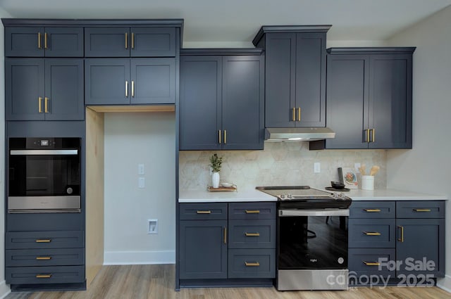 1025 Harrogate Dr, Bessemer City, NC 28016 - kitchen featuring appliances with stainless steel finishes, under cabinet range hood, backsplash, light countertops, and light wood-type flooring