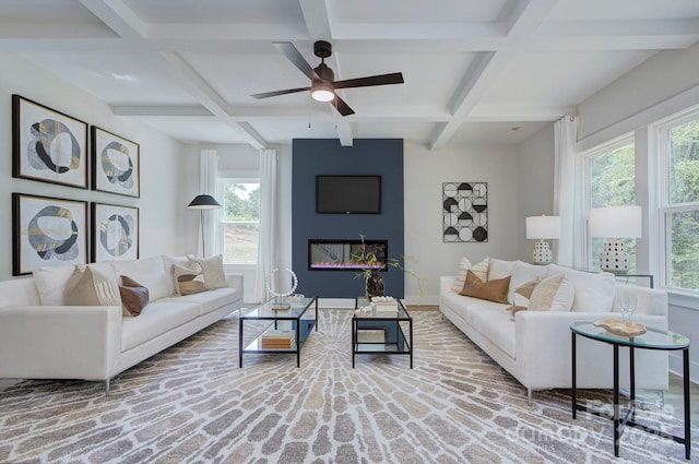 1025 Harrogate Dr, Bessemer City, NC 28016 - living area with coffered ceiling, beamed ceiling, and ceiling fan
