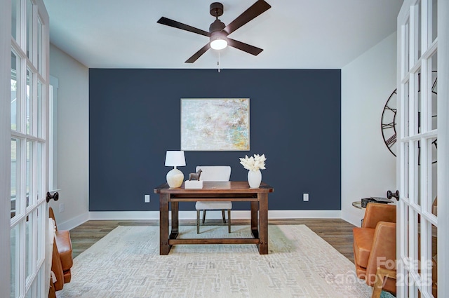 1025 Harrogate Dr, Bessemer City, NC 28016 - office with french doors, wood finished floors, a ceiling fan, and baseboards