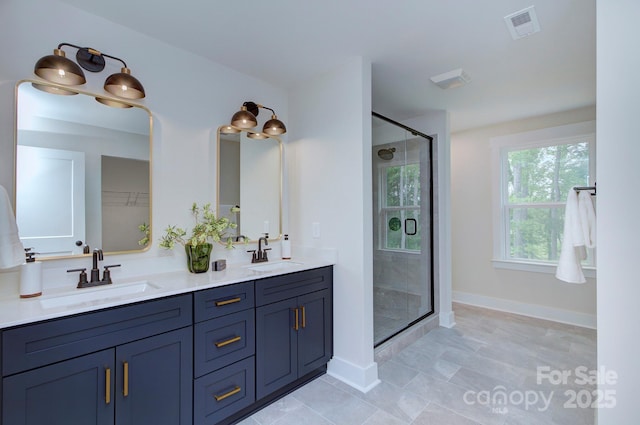 1025 Harrogate Dr, Bessemer City, NC 28016 - full bathroom featuring a stall shower, double vanity, and baseboards