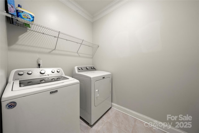 274 Robinwood Ln, Lake Wylie, SC 29710 - laundry room featuring independent washer and dryer, ornamental molding, baseboards, and light tile patterned flooring
