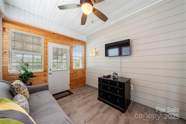 274 Robinwood Ln, Lake Wylie, SC 29710 - living room with wooden walls, wood finished floors, and a ceiling fan
