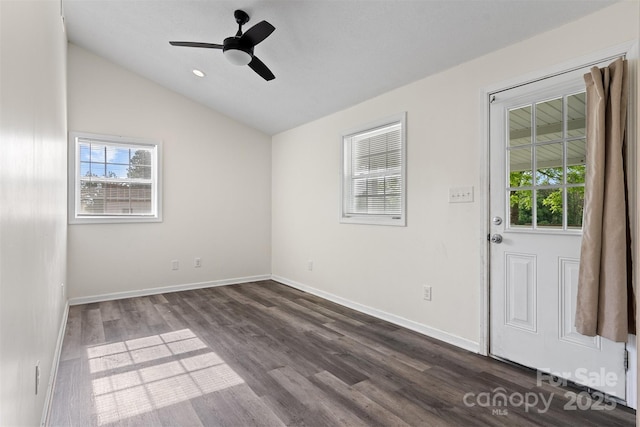 25 Southern Way, Nebo, NC 28761 - spare room featuring dark wood-style flooring, lofted ceiling, baseboards, ceiling fan, and recessed lighting