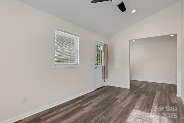 25 Southern Way, Nebo, NC 28761 - empty room with a ceiling fan, vaulted ceiling, dark wood-style floors, baseboards, and recessed lighting