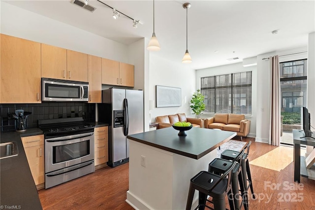 810 W 4th St Unit 201, Winston Salem, NC 27101 - kitchen with stainless steel appliances, light brown cabinetry, dark countertops, open floor plan, and dark wood-type flooring
