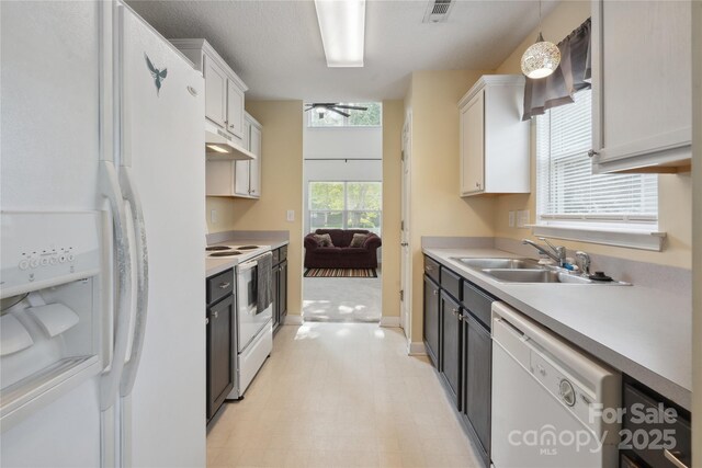 1457 Matthew Allen Cir, Kannapolis, NC 28081 - kitchen with white appliances, a sink, under cabinet range hood, ceiling fan, and light countertops