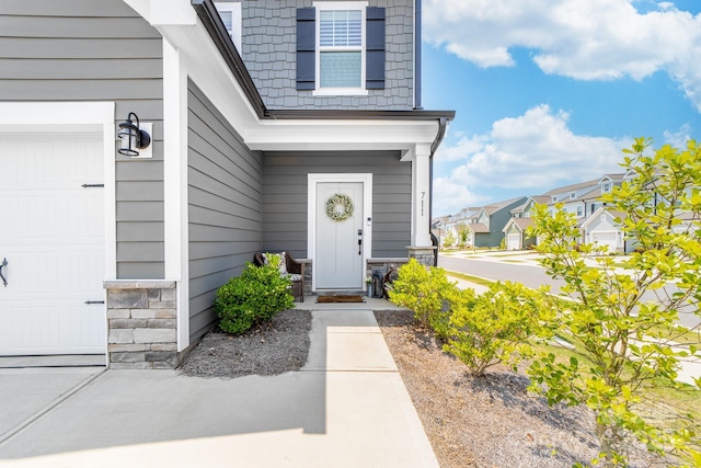 711 Bellmouth Rd, Clover, SC 29710 - entrance to property with stone siding, a residential view, and a garage