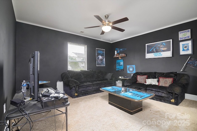 8511 Redding Glen Ave, Charlotte, NC 28216 - carpeted living room with a ceiling fan, ornamental molding, and baseboards