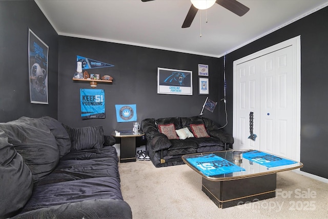 8511 Redding Glen Ave, Charlotte, NC 28216 - living area featuring carpet, a ceiling fan, crown molding, and baseboards