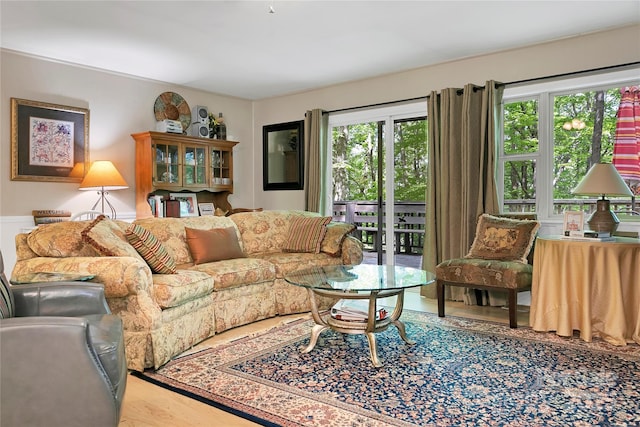 living area featuring wood finished floors and wainscoting