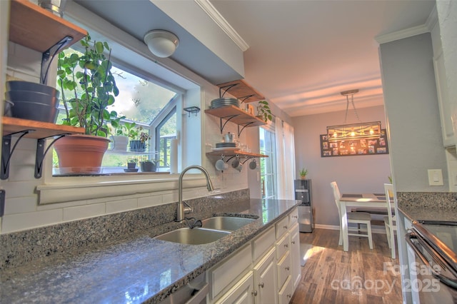 5995 Tall Tree Ln, Harrisburg, NC 28075 - kitchen with a sink, open shelves, black range with electric cooktop, backsplash, and wood finished floors