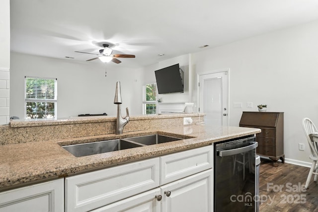 2426 Tory Oak Pl, Matthews, NC 28105 - kitchen featuring dishwasher, ceiling fan, dark wood-style floors, light stone counters, and healthy amount of natural light