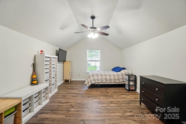 2426 Tory Oak Pl, Matthews, NC 28105 - bedroom featuring dark wood-type flooring, vaulted ceiling, and ceiling fan