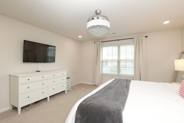 1914 Loggerhead Dr, Lancaster, SC 29720 - bedroom with light colored carpet, baseboards, recessed lighting, and a chandelier