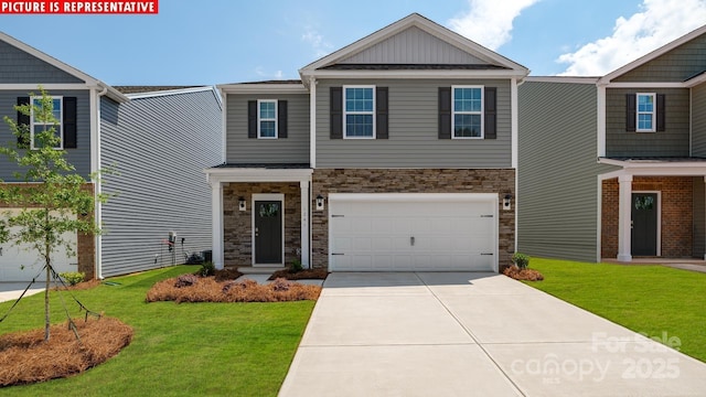 12012 Zazu Way, Charlotte, NC 28215 - craftsman-style home featuring stone siding, driveway, a front lawn, and a garage