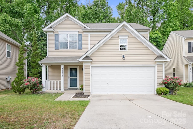 9437 Macquarie Ln, Charlotte, NC 28227 - traditional-style home featuring covered porch, driveway, a garage, and a front lawn