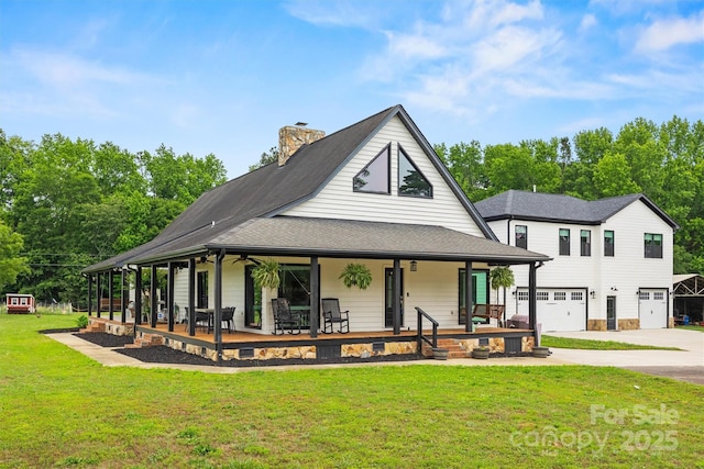 930 Hawley Rd, Mcconnells, SC 29726 - view of front of property featuring an attached garage, a chimney, a front lawn, ceiling fan, and roof with shingles