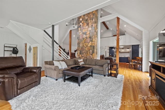 930 Hawley Rd, Mcconnells, SC 29726 - living area with wood finished floors, stairway, and a chandelier