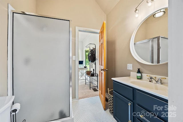 930 Hawley Rd, Mcconnells, SC 29726 - full bath with a shower stall, vanity, and vaulted ceiling
