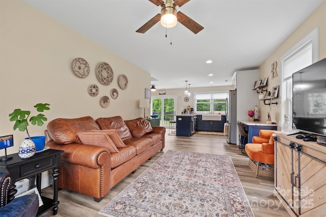 930 Hawley Rd, Mcconnells, SC 29726 - living room featuring ceiling fan, light wood-style flooring, and recessed lighting