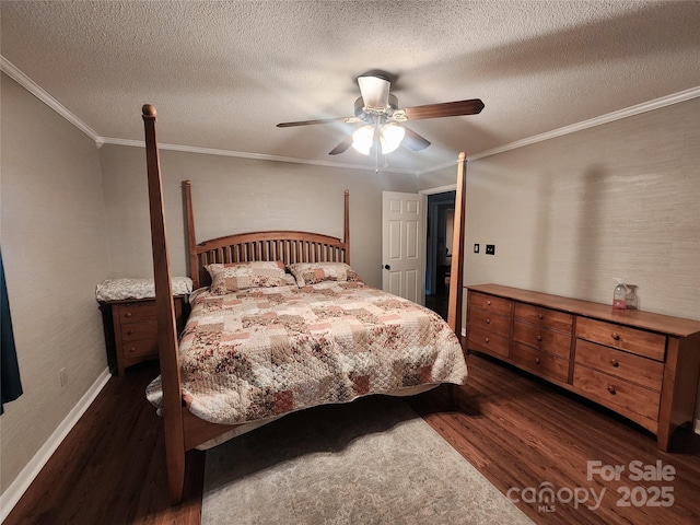 2800 Patio Ln, Gastonia, NC 28056 - bedroom with dark wood finished floors, crown molding, a textured ceiling, a ceiling fan, and baseboards