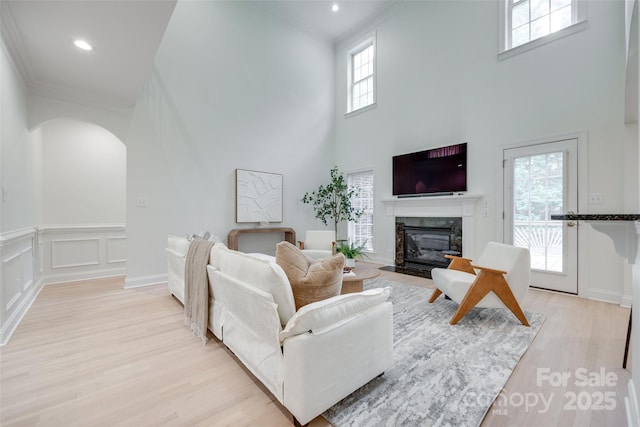 3741 Tea Olive Rd, Gastonia, NC 28056 - living room with crown molding, light wood-type flooring, a high ceiling, a high end fireplace, and arched walkways