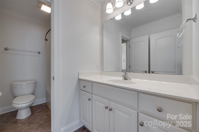 3741 Tea Olive Rd, Gastonia, NC 28056 - bathroom featuring vanity, bathing tub / shower combination, toilet, baseboards, and crown molding