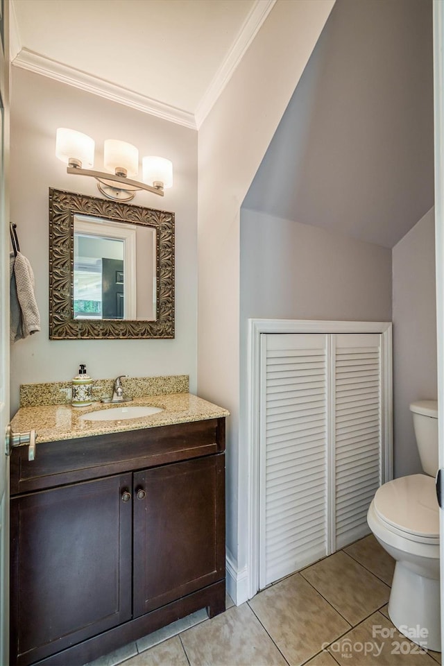 6470 Stone Mountain Rd, Lenoir, NC 28645 - bathroom with toilet, crown molding, tile patterned flooring, and vanity