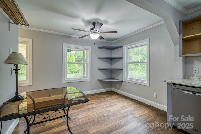 6470 Stone Mountain Rd, Lenoir, NC 28645 - office area featuring wood finished floors, a ceiling fan, ornamental molding, and baseboards