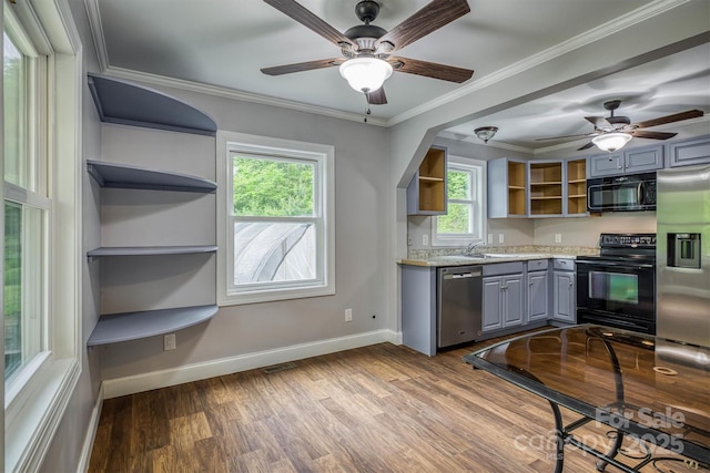 6470 Stone Mountain Rd, Lenoir, NC 28645 - kitchen featuring black appliances, open shelves, gray cabinets, a ceiling fan, and ornamental molding