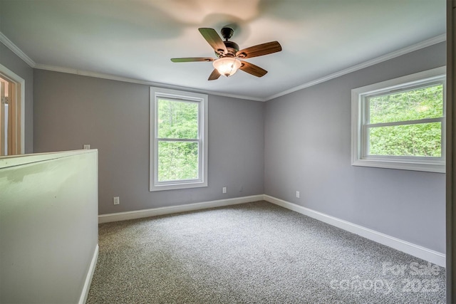 6470 Stone Mountain Rd, Lenoir, NC 28645 - carpeted spare room featuring baseboards, ceiling fan, and crown molding
