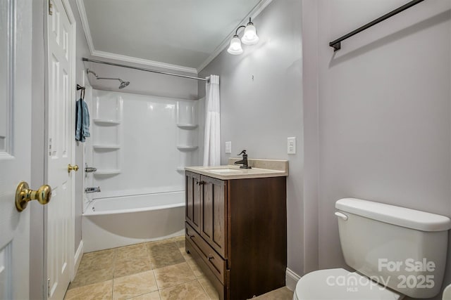 6470 Stone Mountain Rd, Lenoir, NC 28645 - full bathroom featuring toilet, crown molding, vanity, and shower / bathtub combination with curtain