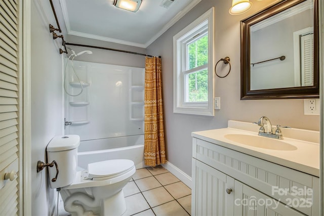 6470 Stone Mountain Rd, Lenoir, NC 28645 - bathroom with ornamental molding, toilet, vanity, tile patterned floors, and shower / bath combination with curtain