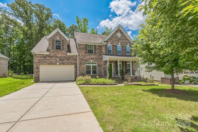 8336 Early Bird Way, Mint Hill, NC 28227 - view of front of house featuring concrete driveway, a front yard, a porch, a garage, and brick siding