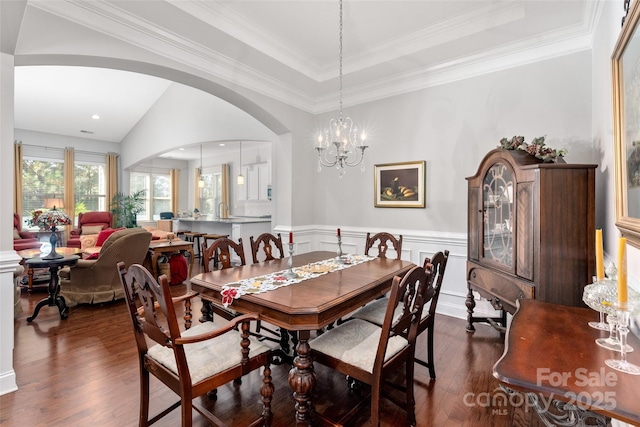 2021 Pinyon Ln, Lancaster, SC 29720 - dining room featuring dark wood finished floors, arched walkways, a raised ceiling, a chandelier, and wainscoting