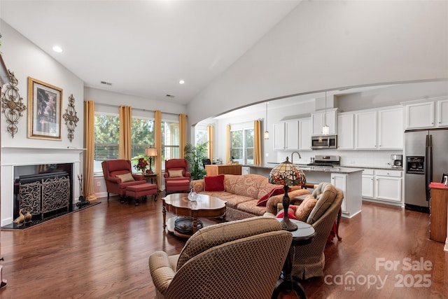 2021 Pinyon Ln, Lancaster, SC 29720 - living room featuring dark wood-style flooring, recessed lighting, high vaulted ceiling, and a fireplace with raised hearth